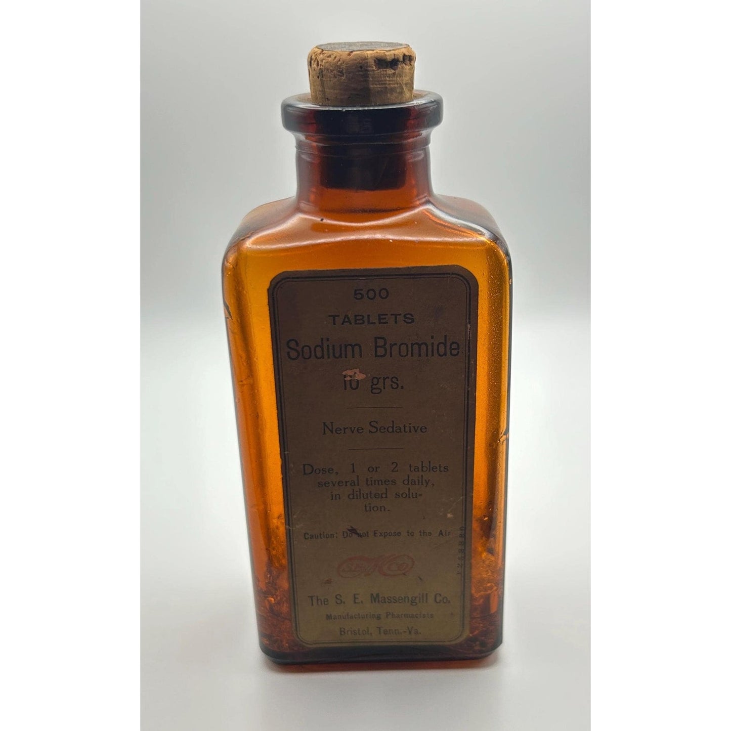 Vintage Massengill Pharmacy Medicine Jar w/ Original Contents Amber Bottle