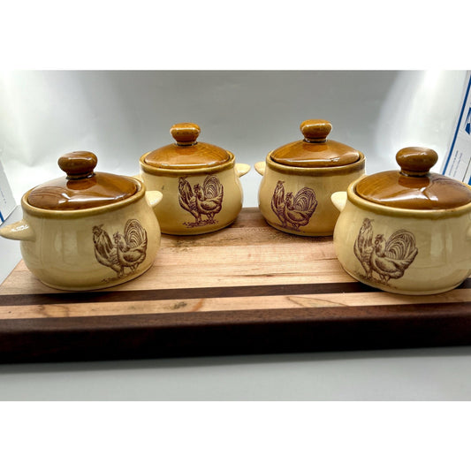Vintage Covered Casserole Dishes Set of 4 Rooster Stoneware Soup Crocks w Lids Rustic Farmhouse Kitchen Decor French Onion Soup
