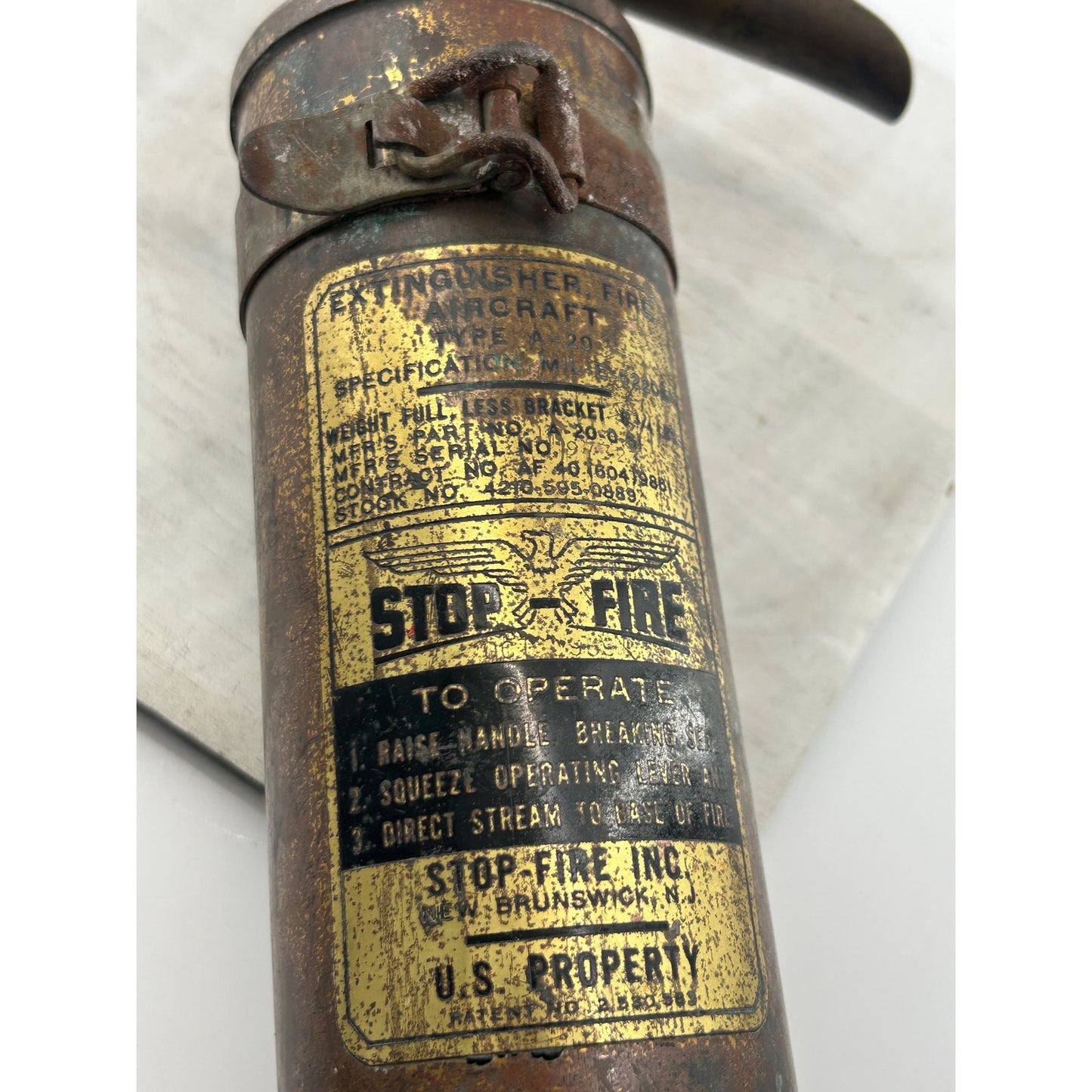 WWII Aircraft Fire Extinguisher STOP-Fire Brass Military Aviation Artifact Original WWII Airplane Fire Suppressor. Very rare find!