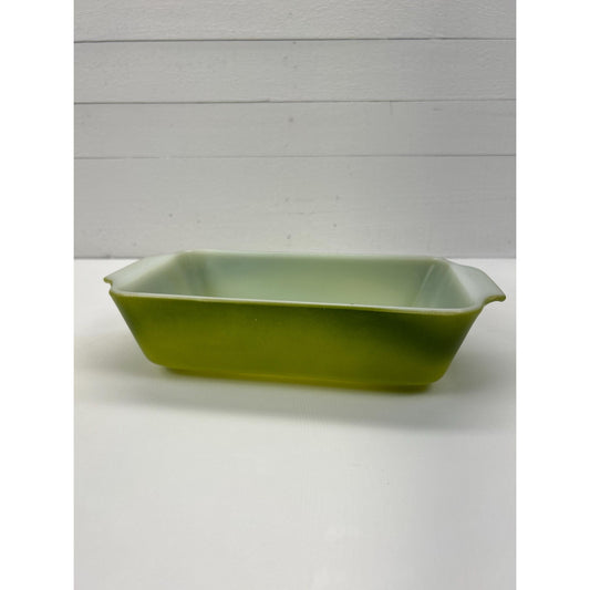 Vintage Fire-King Anchor Hocking Avocado Green Loaf Pan Milk Glass Mid Century Ovenware Baking Dish USA. Rare gorgeous MCM kitchen decor