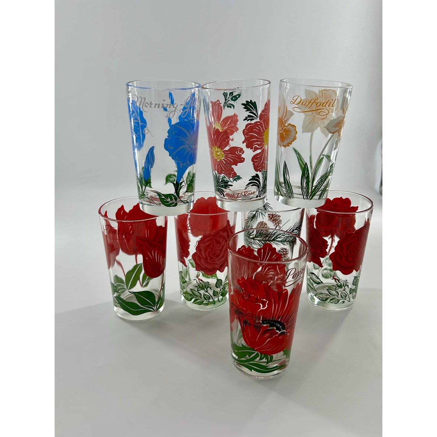 Vintage Federal Glass Floral Tumbler Set of 8 Mid Century Drinking Glasses Poppy Rose Daffodil Retro Barware MCM USA