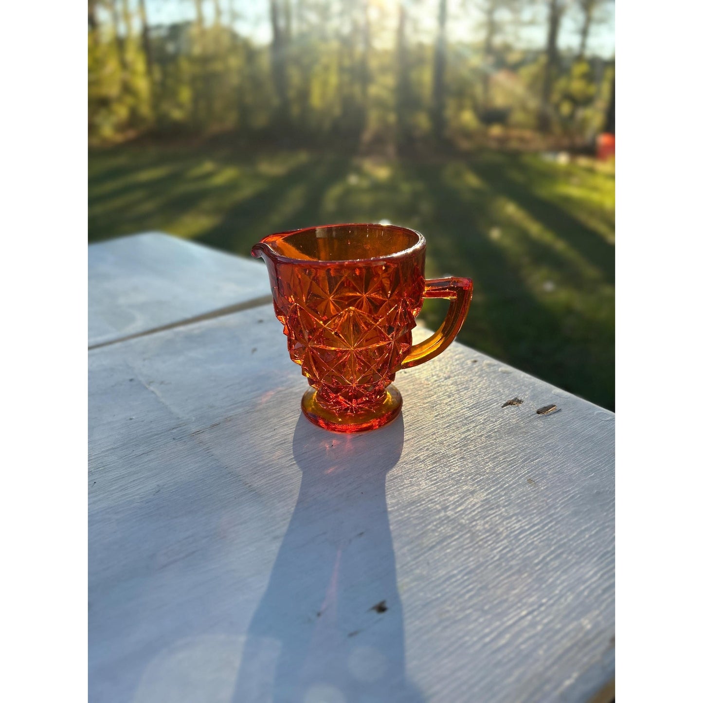 Selenium Diamond Point Glass Creamer | Glows Under UV | Vintage Red Orange Mini Pitcher | Mid Century Art Glass | Uranium Reactive. Amberina