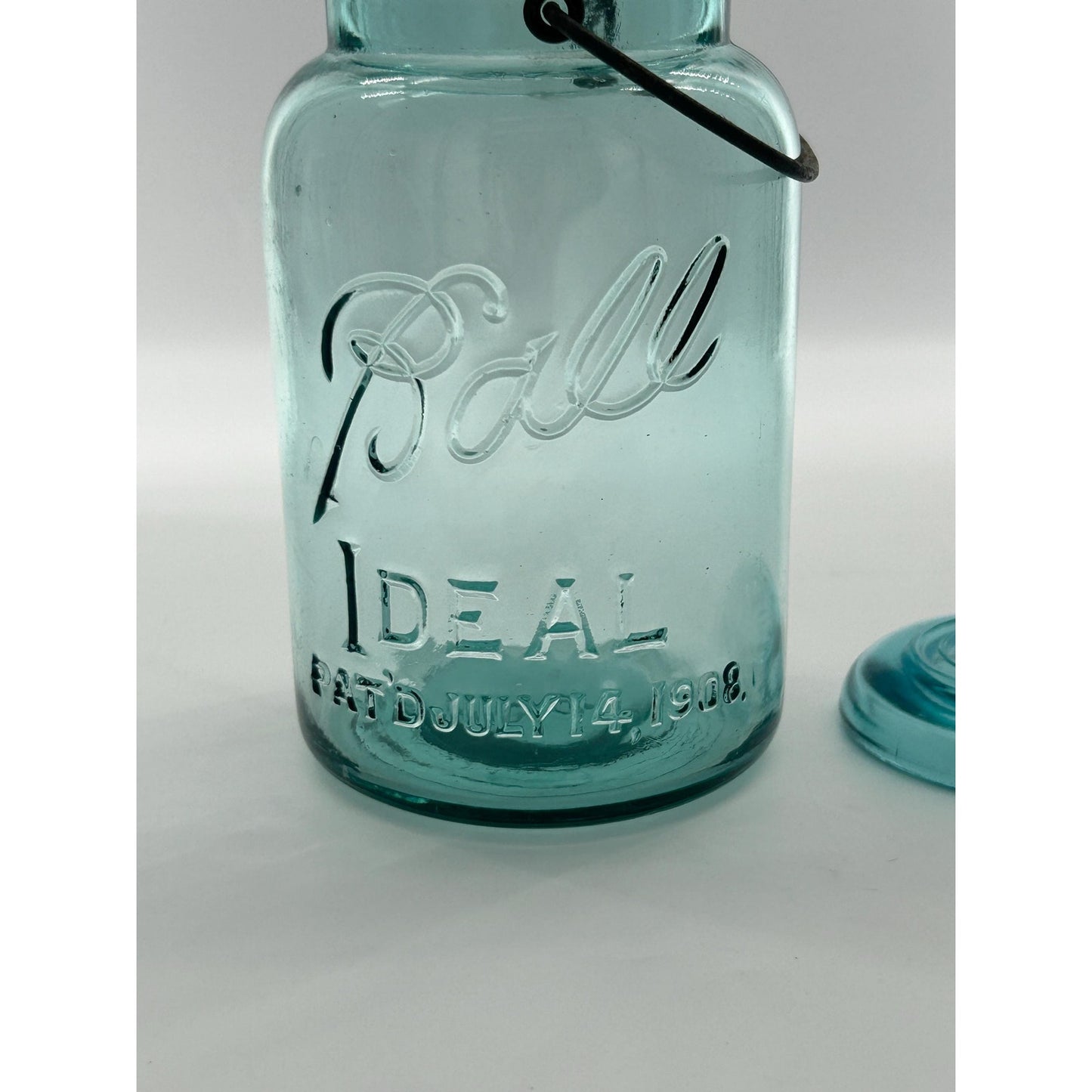 Antique Ball Ideal Aqua Blue Mason Jar Wire Bail Glass Lid Pat July 14 1908 Deep Embossed Fruit Jar Vintage Canning Jar Farmhouse Kitchen