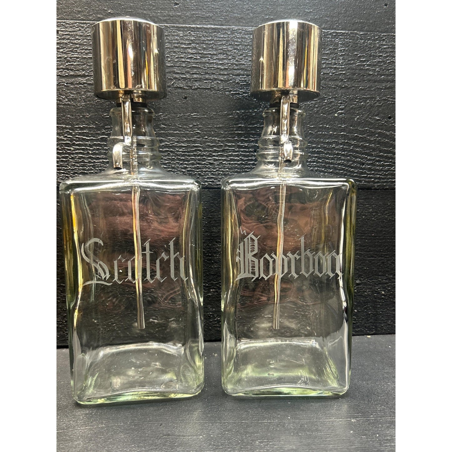 Vintage Mid Century Scotch & Bourbon Decanter Set – Etched Glass Liquor Bottles with Chrome Pump Tops – Retro Barware Gift Pair. mancave