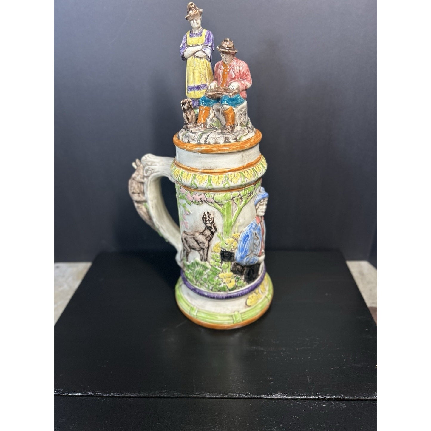 VINTAGE LARGE HANDMADE HAND PAINTED HUNTING GERMAN 1974 BEER STEIN MUG WITH LID