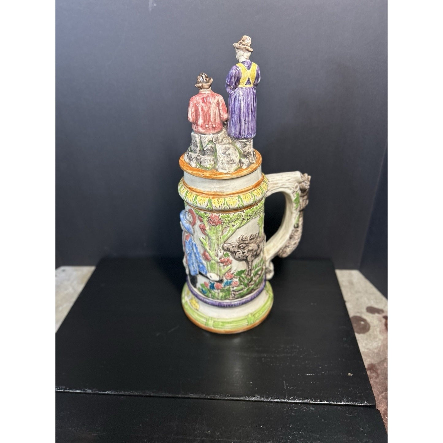 VINTAGE LARGE HANDMADE HAND PAINTED HUNTING GERMAN 1974 BEER STEIN MUG WITH LID