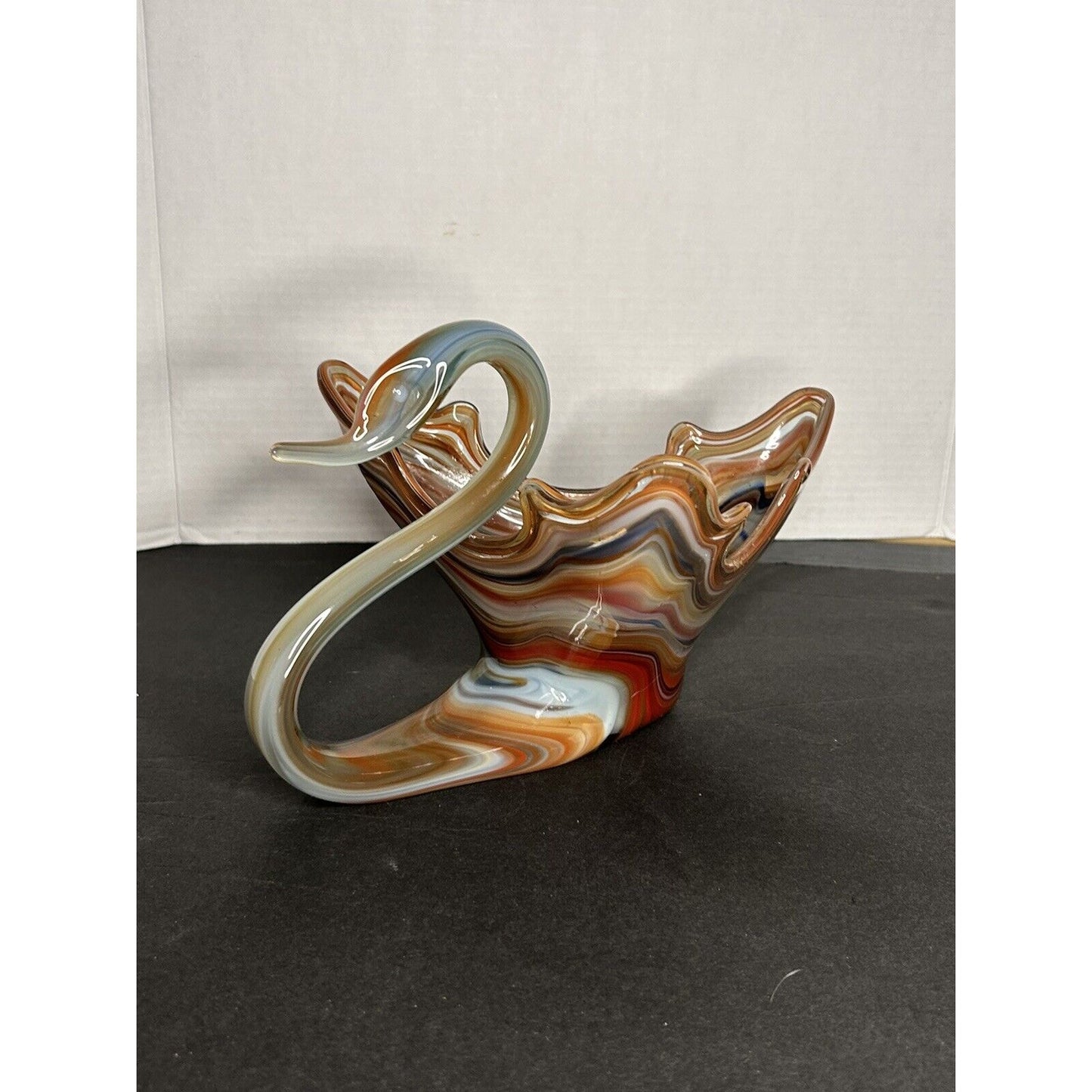 Murano style art glass blue orange swirl swan all angles