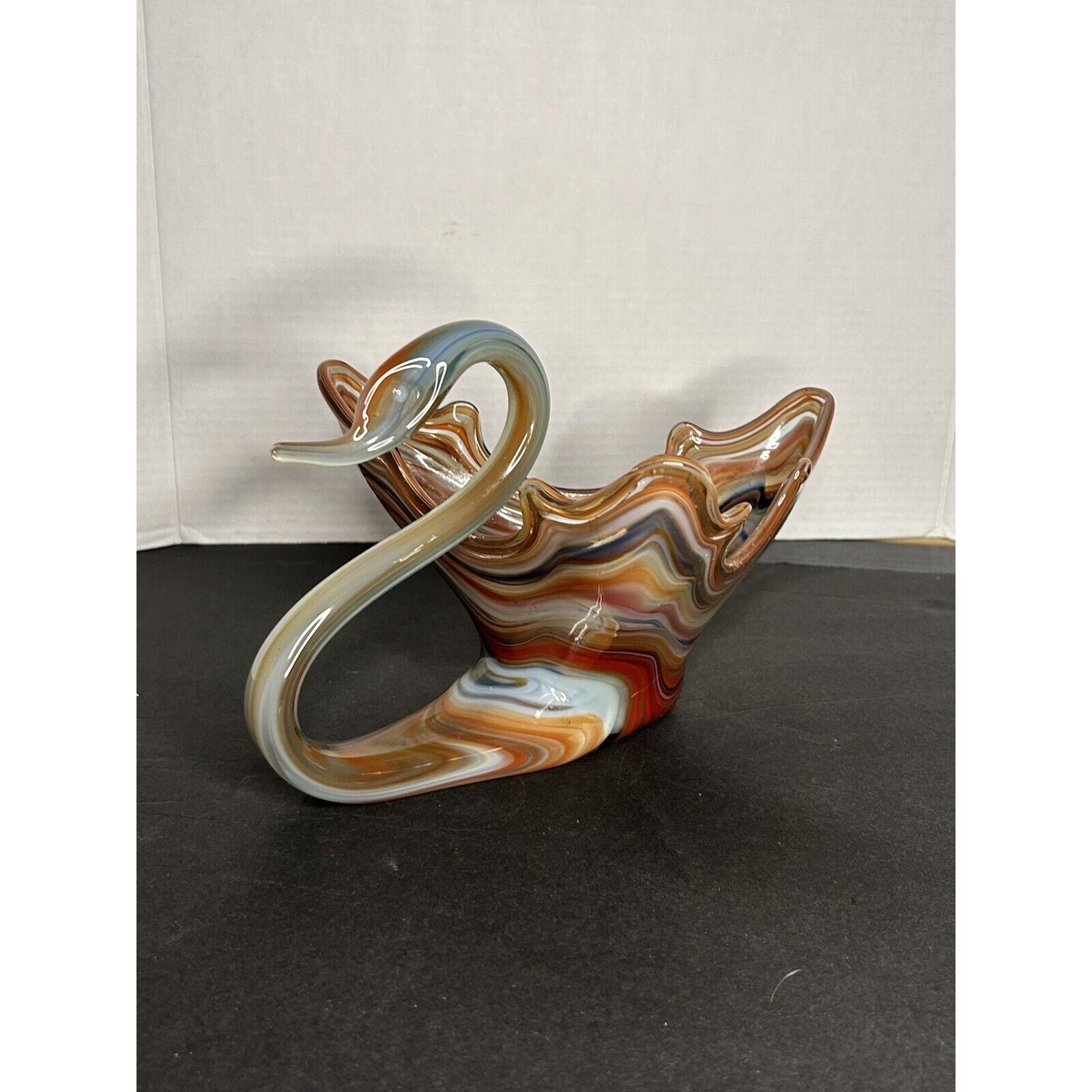 Murano style art glass blue orange swirl swan all angles