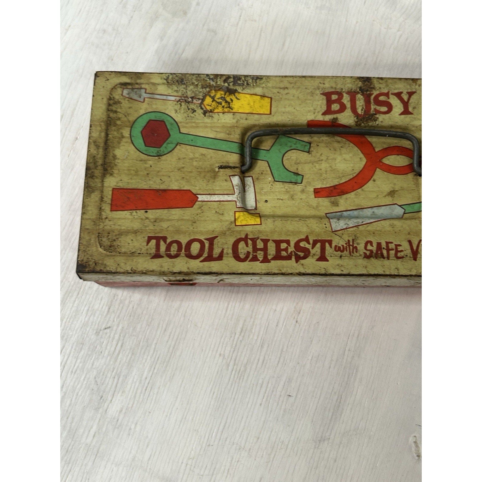 Ohio Art Busy Boy Tool Chest side view tin toy americana
