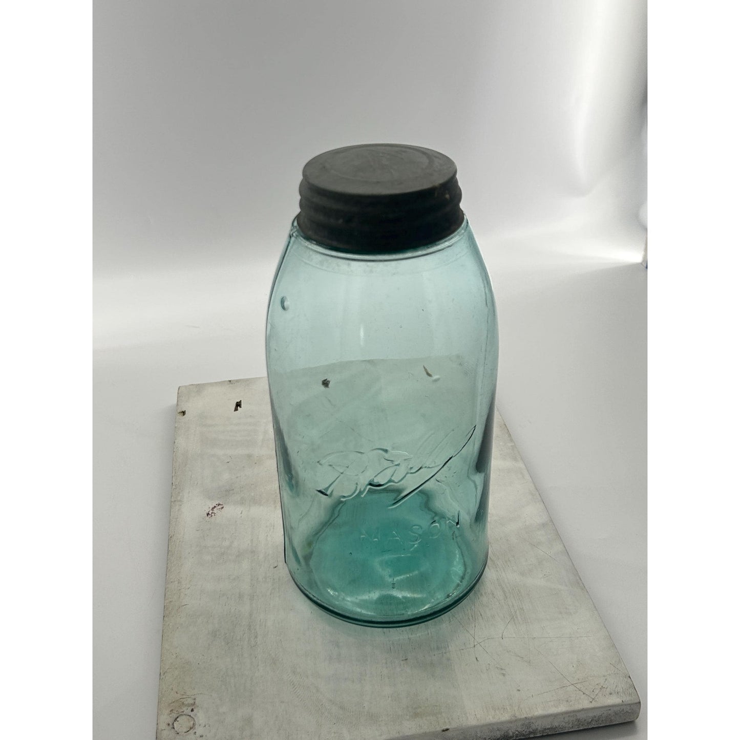 Antique Ball Mason Half Gallon Aqua Blue Triple L Script 1910–1923 Shoulder Seal Zinc Lid Large Early Collector Fruit Jar. Underlined Script