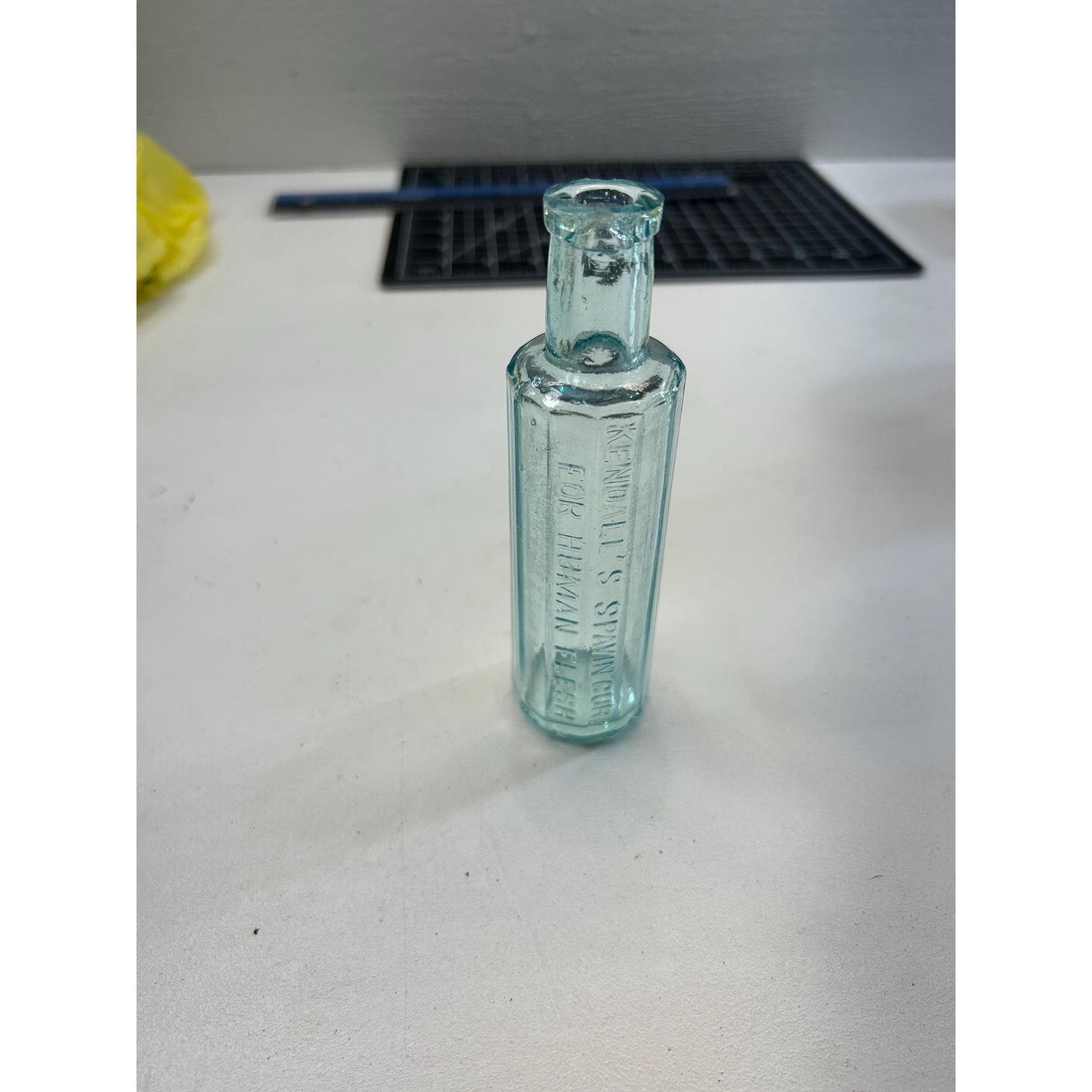 Antique Kendall’s Spavin Cure Bottle – Aqua Blue Glass, 1800s Patent Medicine, Embossed “For Human Flesh” – Rare Apothecary Remededy .