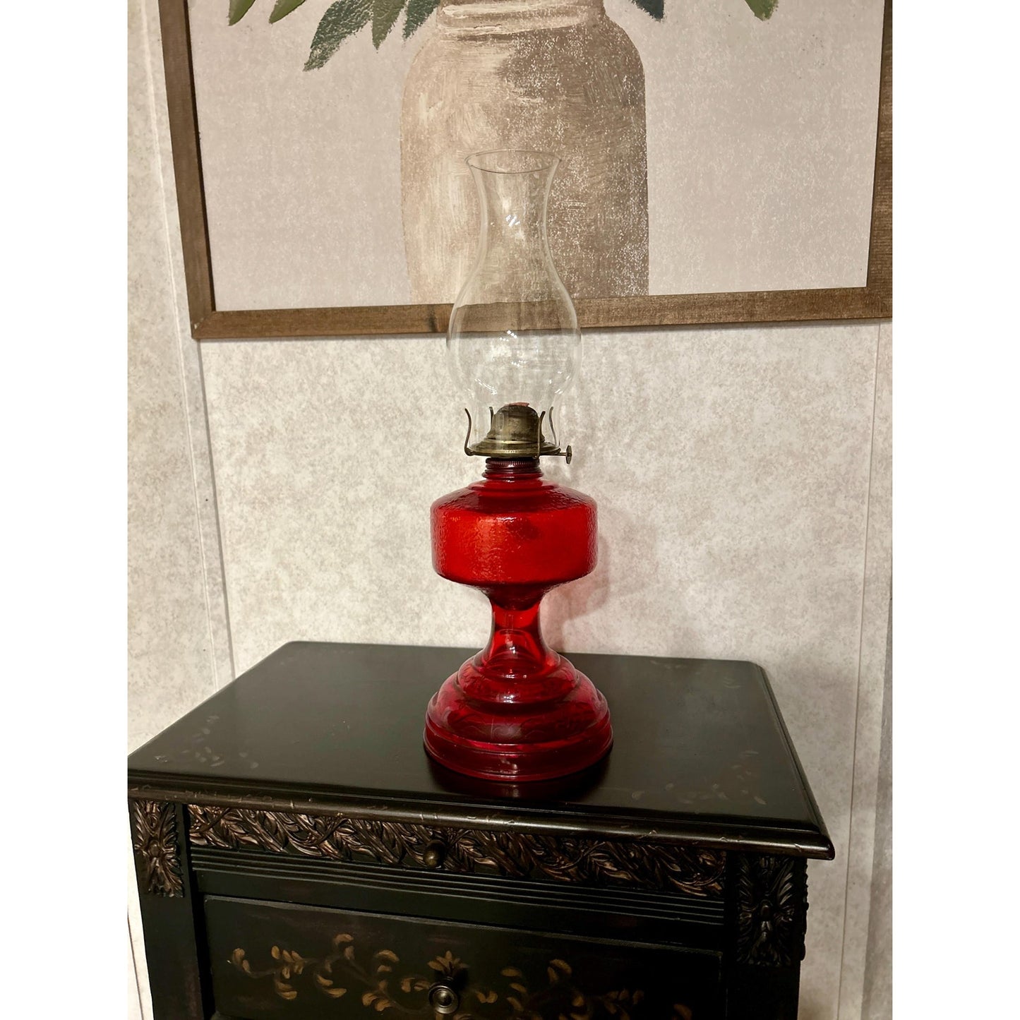 Antique Ruby Red Glass Oil Lamp 22” Tall – Figural Heron Marsh Scene Pedestal – Victorian Kerosene Parlor Lamp – Cranberry Pressed Glass