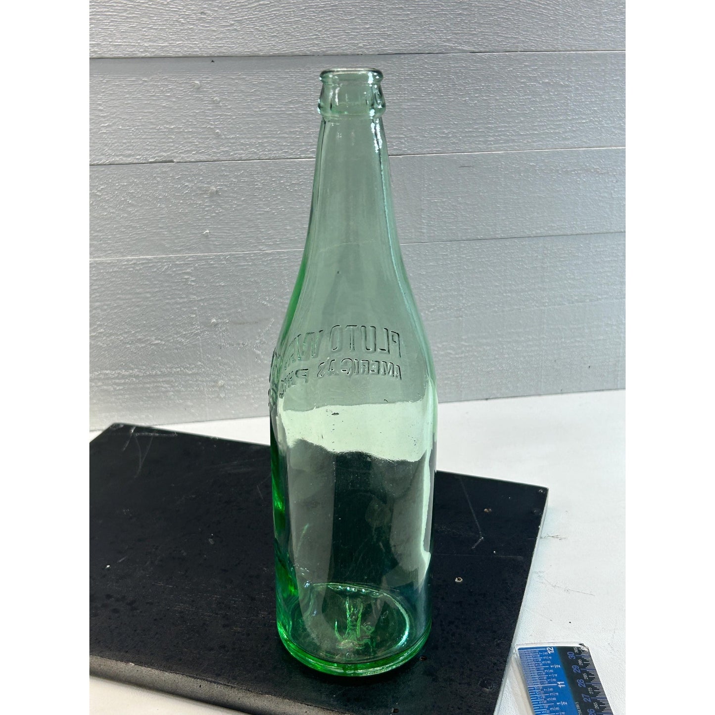 Vintage Pluto Water Bottle with Devil Logo – 1920s–40s Embossed Aqua Glass Soda Mineral Water Bottle – Indiana Collectible rare Apothecary