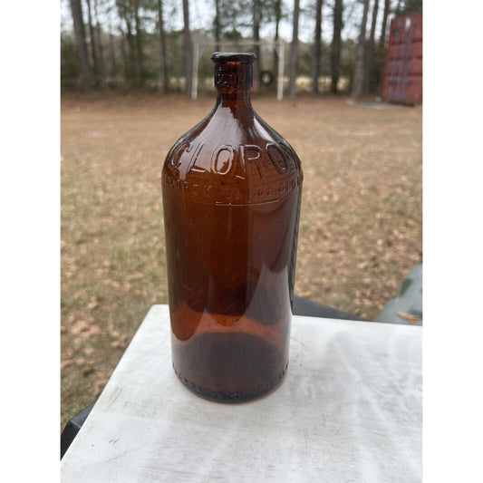 Vintage Brown Glass Clorox Cork Top Bottle 7.5 in Large Farmhouse Decor