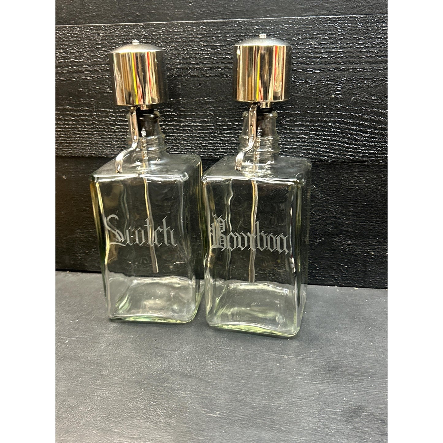 Vintage Mid Century Scotch & Bourbon Decanter Set – Etched Glass Liquor Bottles with Chrome Pump Tops – Retro Barware Gift Pair. mancave