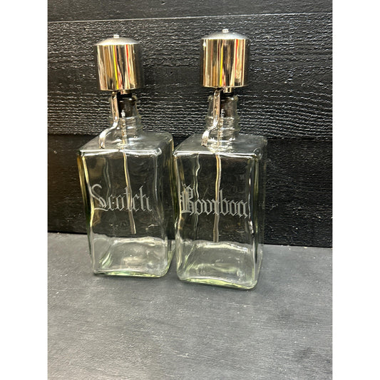 Vintage mid century scotch bourbon decanter set etched glass chrome pump tops 1950s MCM barware pair