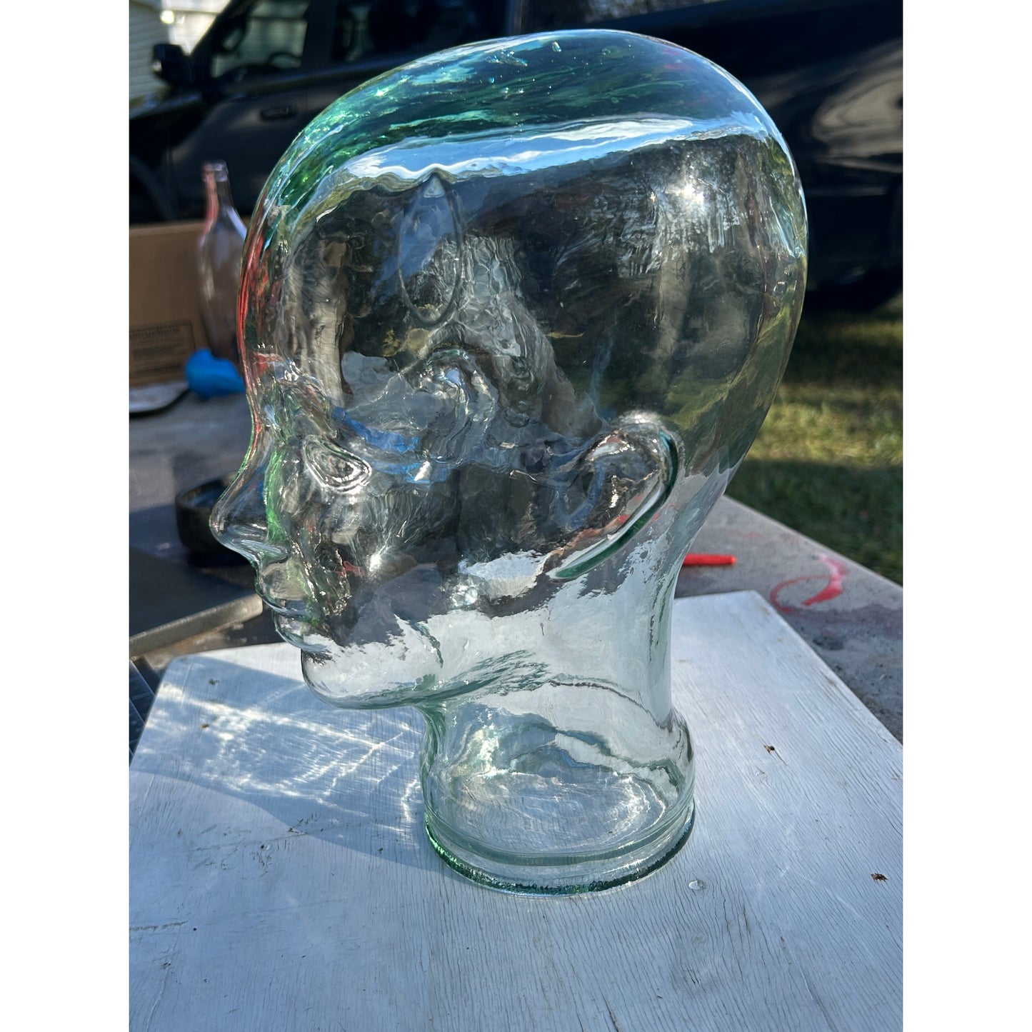 Vintage Glass Mannequin Head Clear with Green Tint & Bubbles Store Display 11.5”