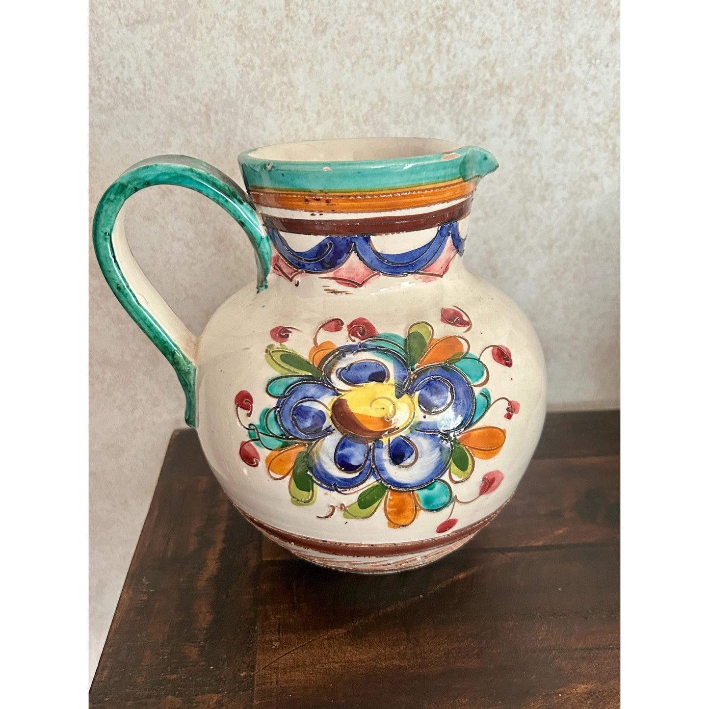 Vintage Spanish Talavera Faience Pottery Pitcher Hand Painted Floral Ceramic Jug Majolica