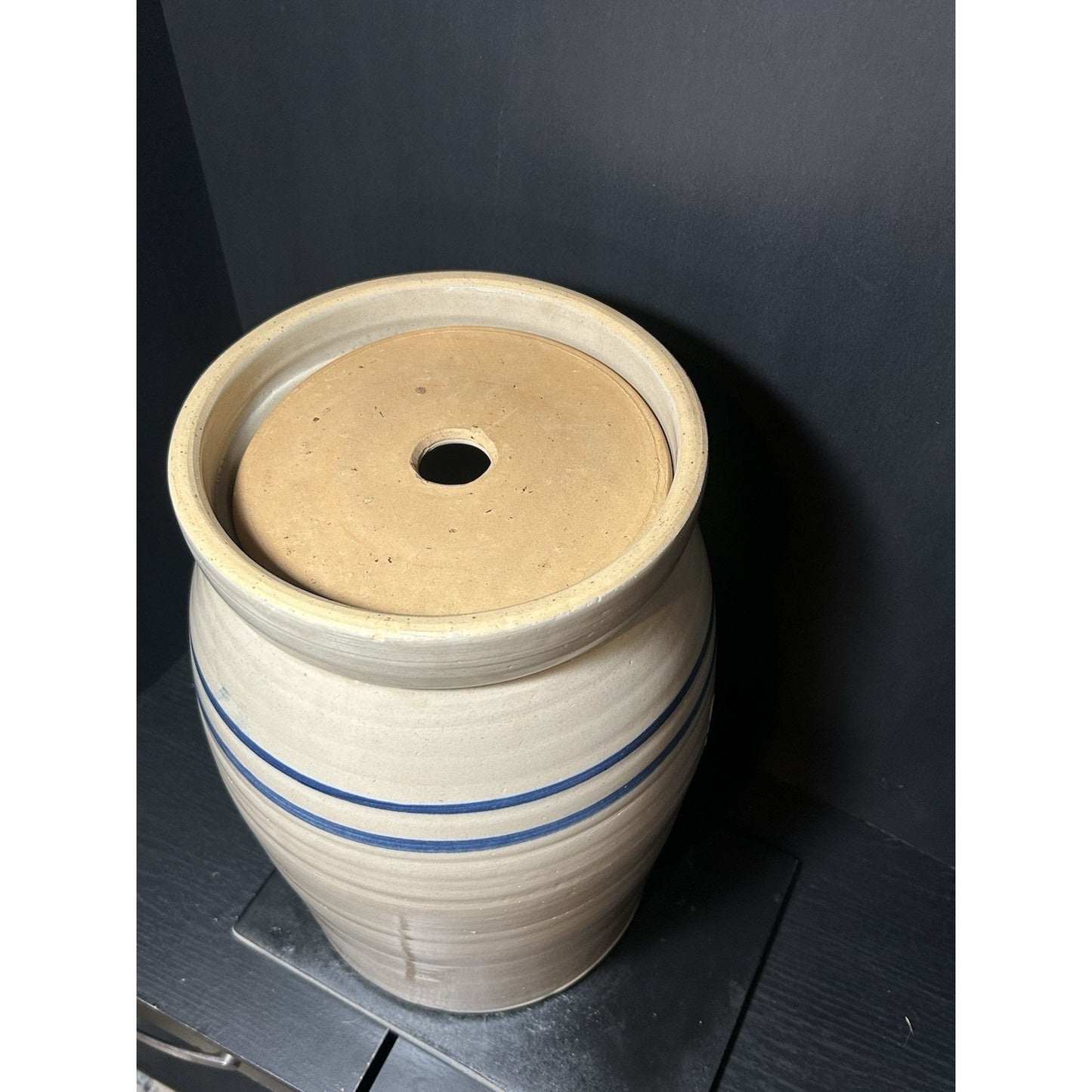 Marshall Pottery 5 Gallon Stoneware Crock w/ Lid Blue Stripe Texas Primitive