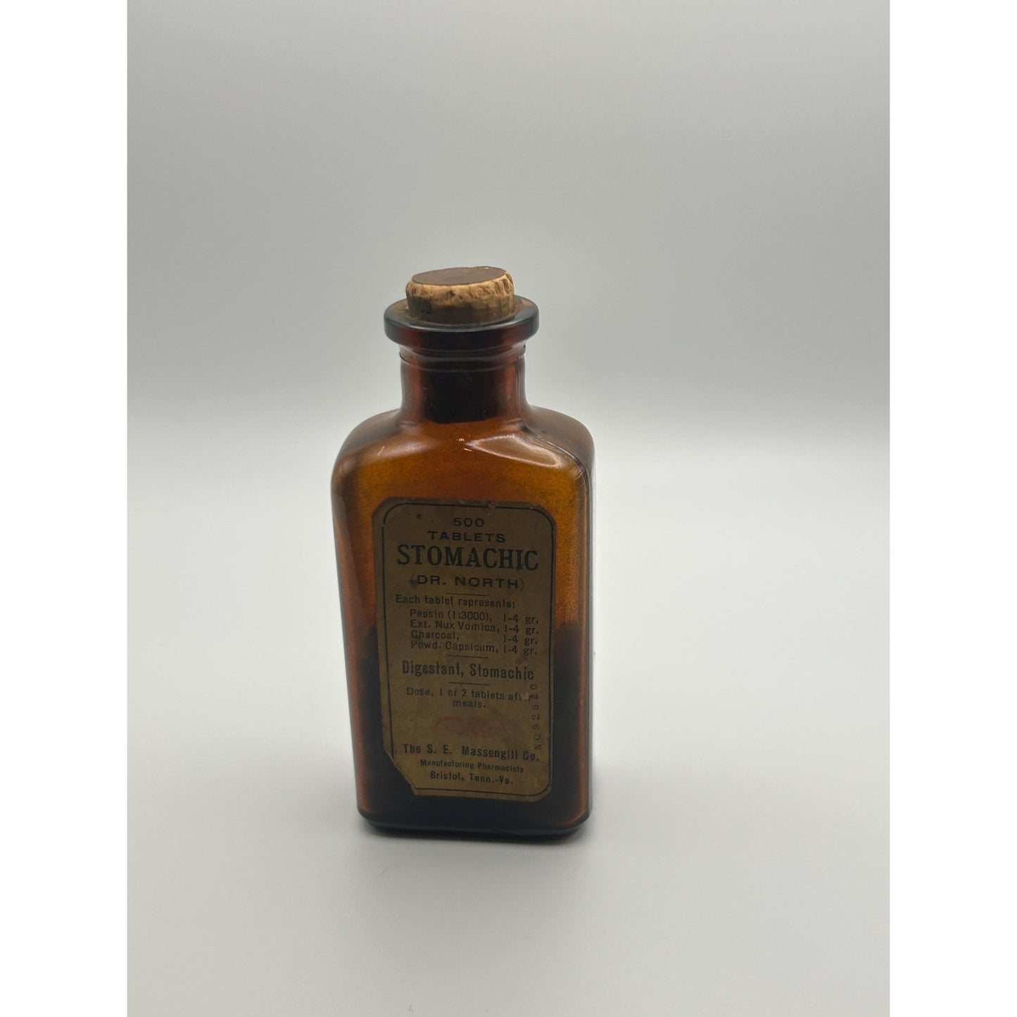 Antique Dr. North Stomachic Tablets Bottle Massengill Bristol TN Amber Glass