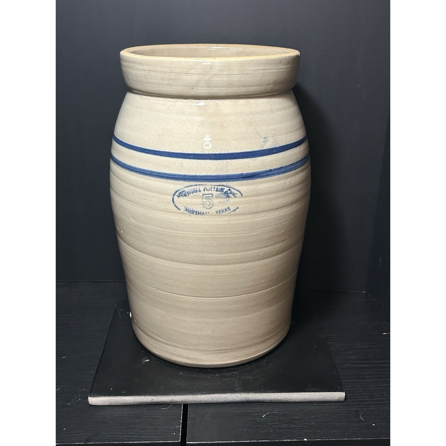 Marshall Pottery 5 Gallon Stoneware Crock w/ Lid Blue Stripe Texas Primitive