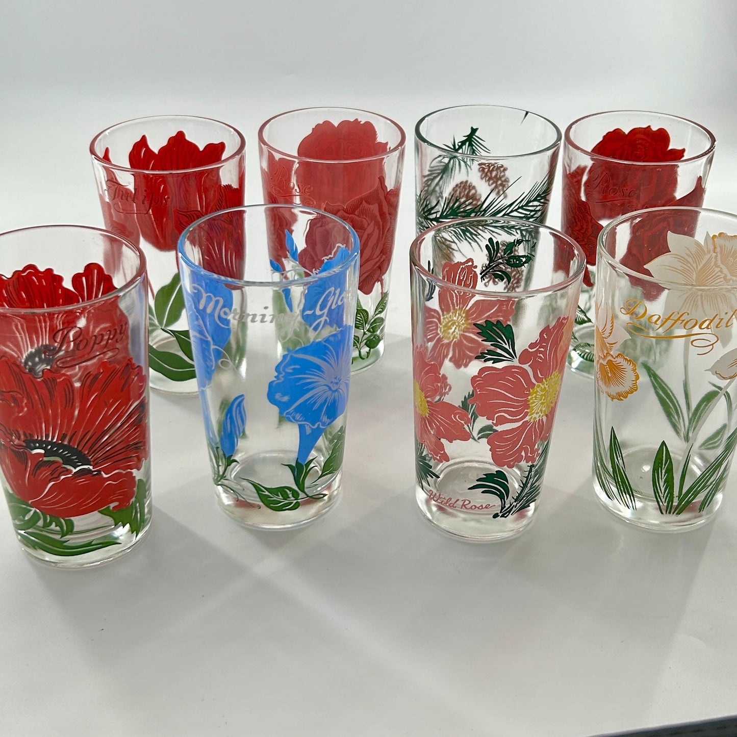 Vintage Federal Glass Floral Tumbler Set of 8 Mid Century Drinking Glasses Poppy Rose Daffodil Retro Barware MCM USA