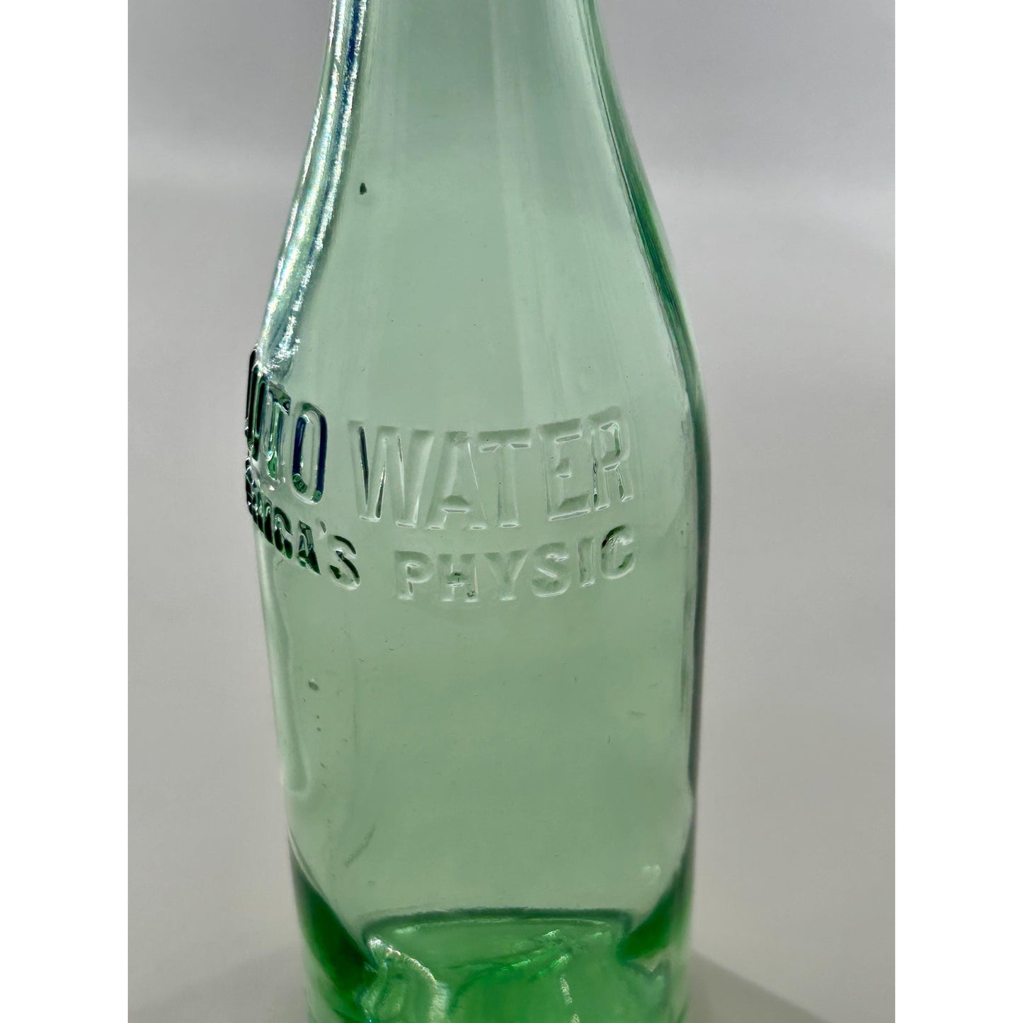 Antique Pluto Water Bottle America’s Physic Devil Logo Base Embossed Aqua Green Mineral Water c1920s