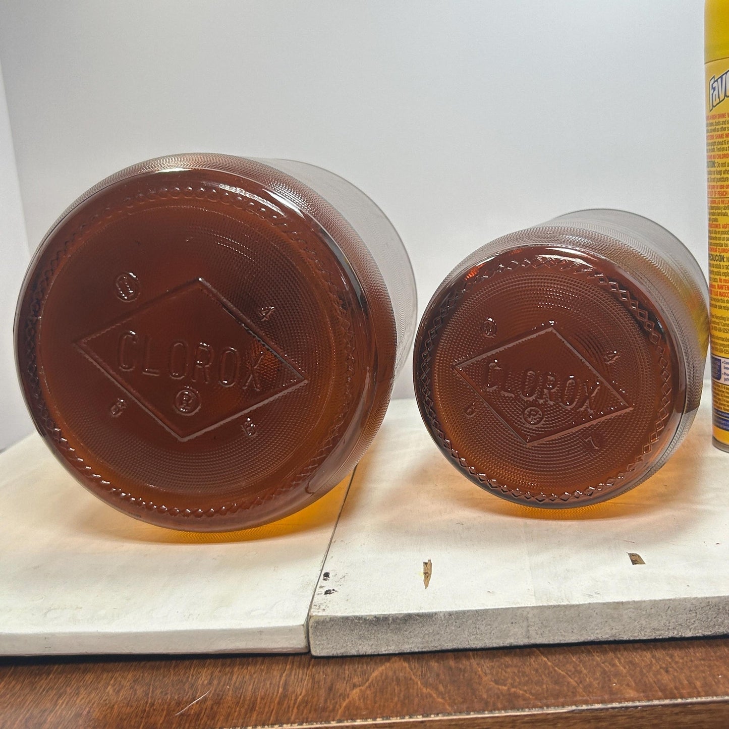 Lot of 2 Vintage Clorox Brown Glass Jugs – 1 Gallon & Half Gallon, Embossed Amber Bottles w/ Original Caps, 1940s–1950s Bleach Bottles