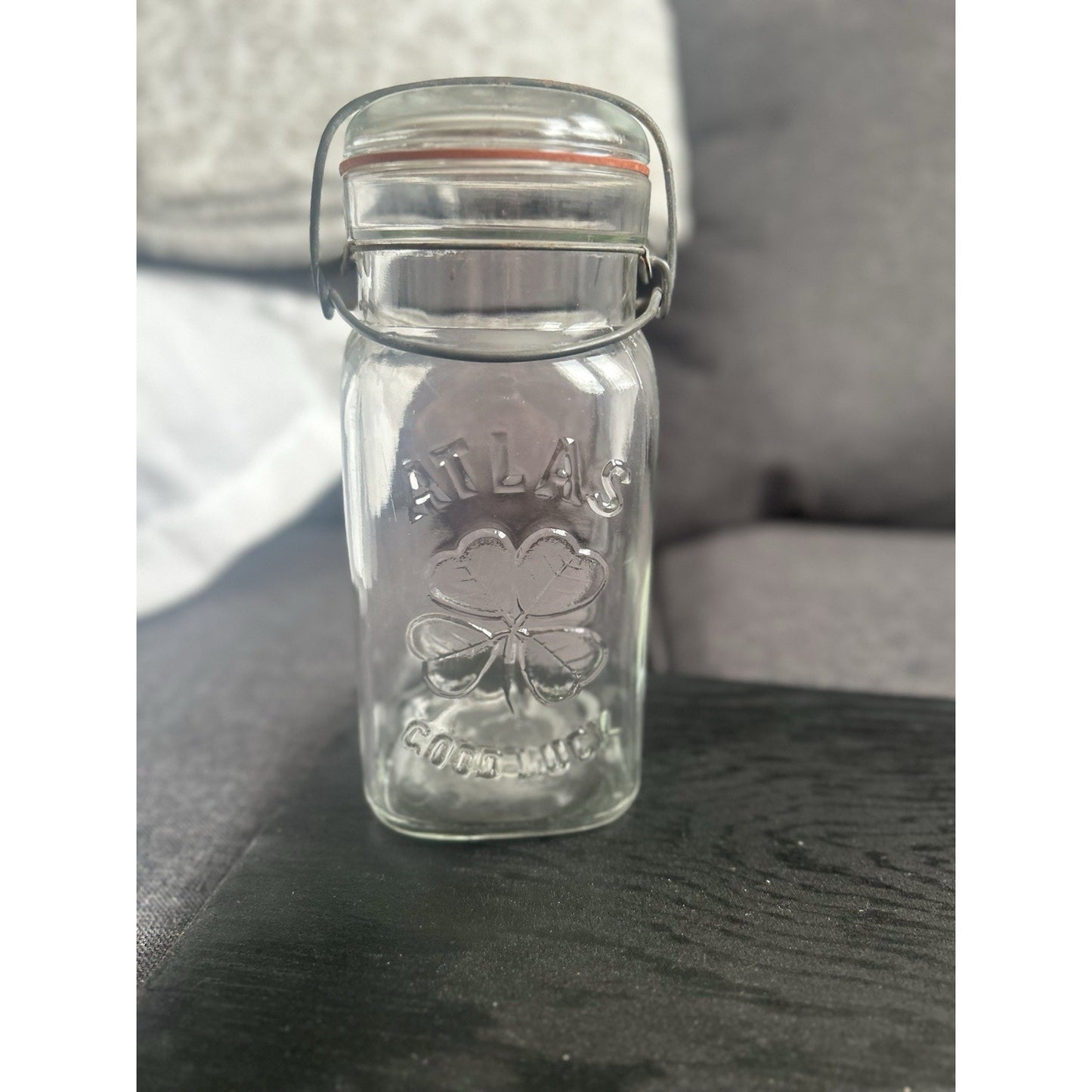 Vintage Atlas Good Luck Clover Mason Jar — ½-Gallon SQUARE Wire-Bail Form — Clear Glass with Original Lid & Gasket