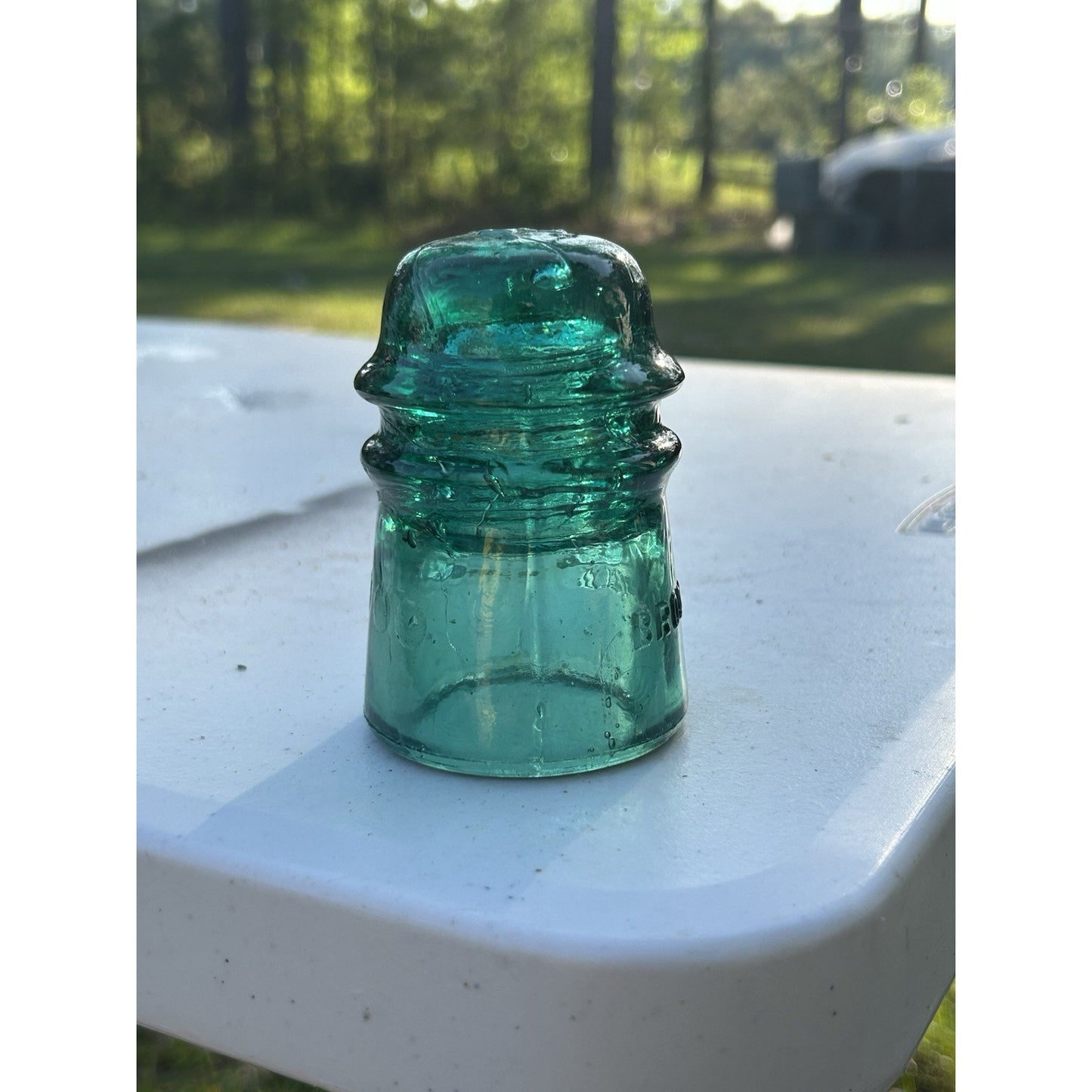 Vintage Brookfield Glass Insulator — Dark Emerald Green with Heavy Bubble Glass