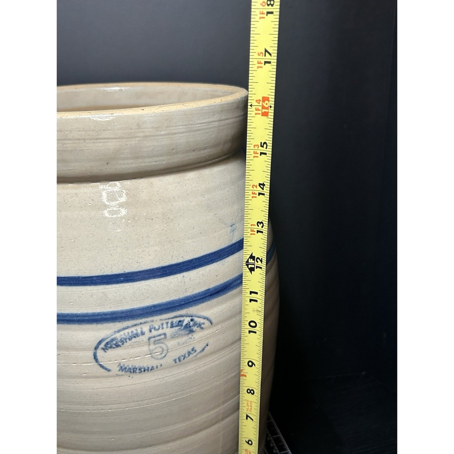 Marshall Pottery 5 Gallon Stoneware Crock w/ Lid Blue Stripe Texas Primitive