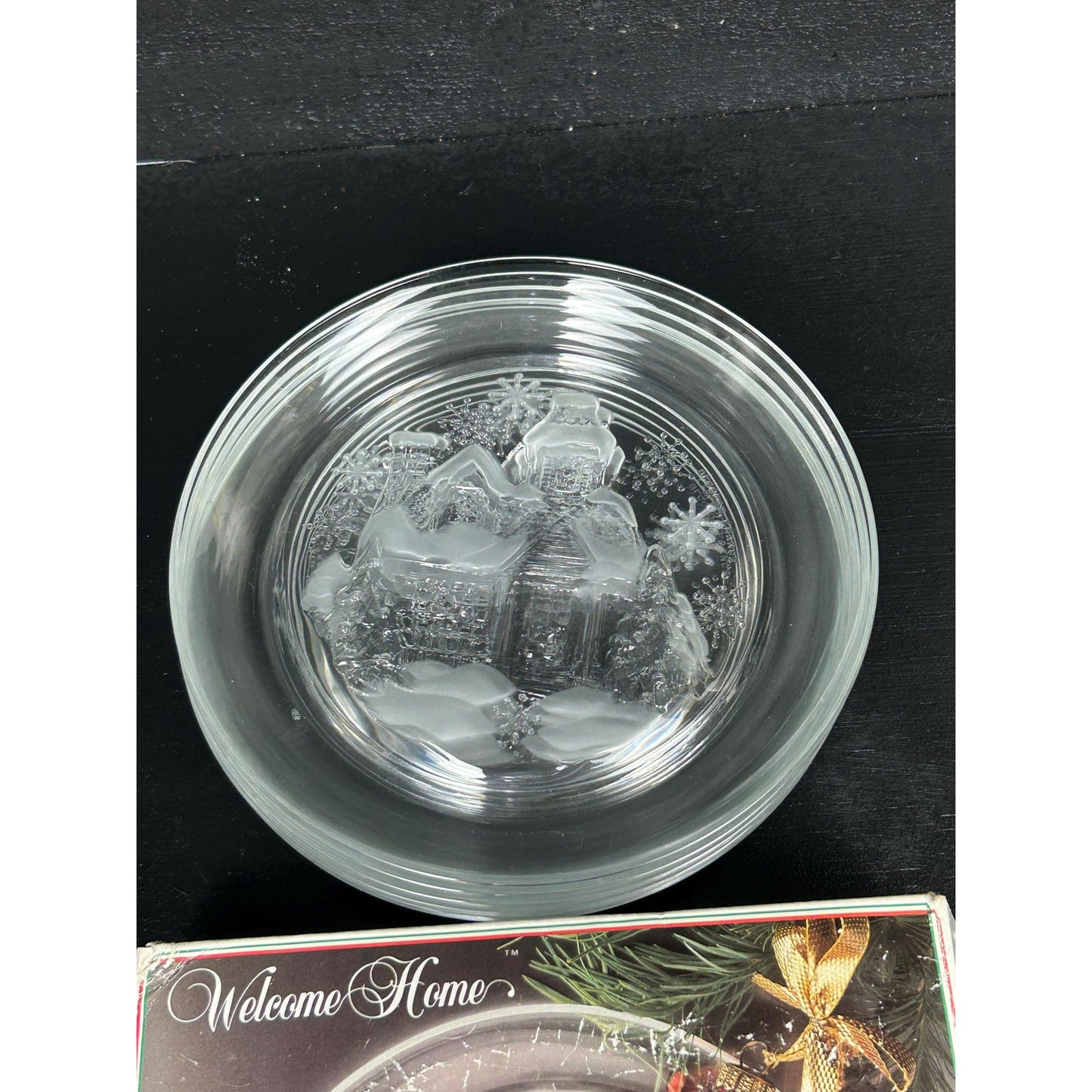 Arcroc “Welcome Home” Christmas Plates • Frosted Winter Cottage Glass Dessert Plates • Vintage Clear Holiday Snow Scene Set of 5 (7.75”)