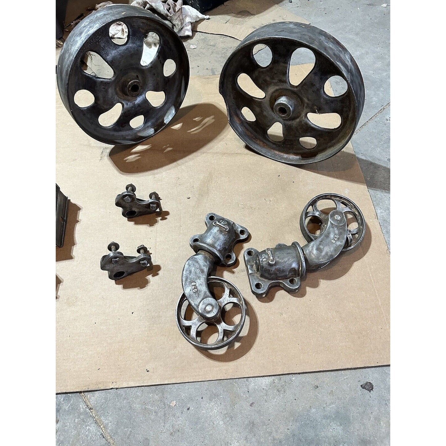 Antique Chas. E. Francis Factory Cart Hardware Set — Complete Cast Iron Wheels, Casters & Brackets