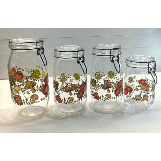 Vintage French glass canister set wire bail lids 1970s mushroom vegetable print made in France front