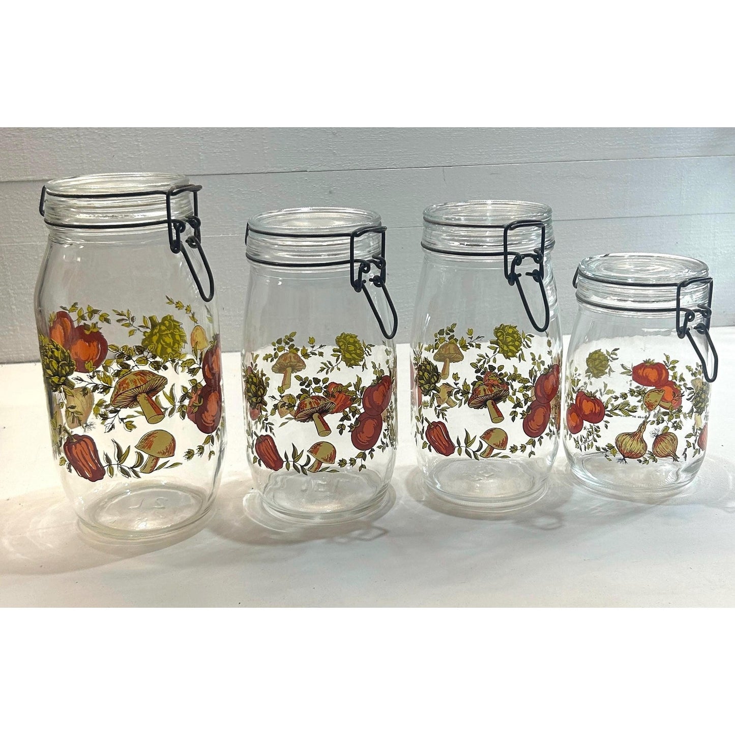Vintage French Glass Canister Set with Wire Bail Lids, 1970s Mushroom Vegetable Print Kitchen Jars, Made in France, Farmhouse Pantry Storage