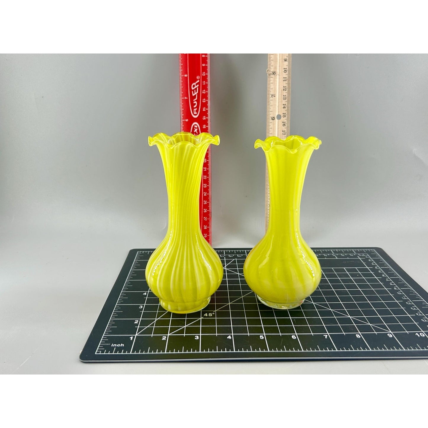 Vintage Murano Style Yellow Opaline Art Glass Bud Vases Pair Ruffled Rim Hand Blown Italy