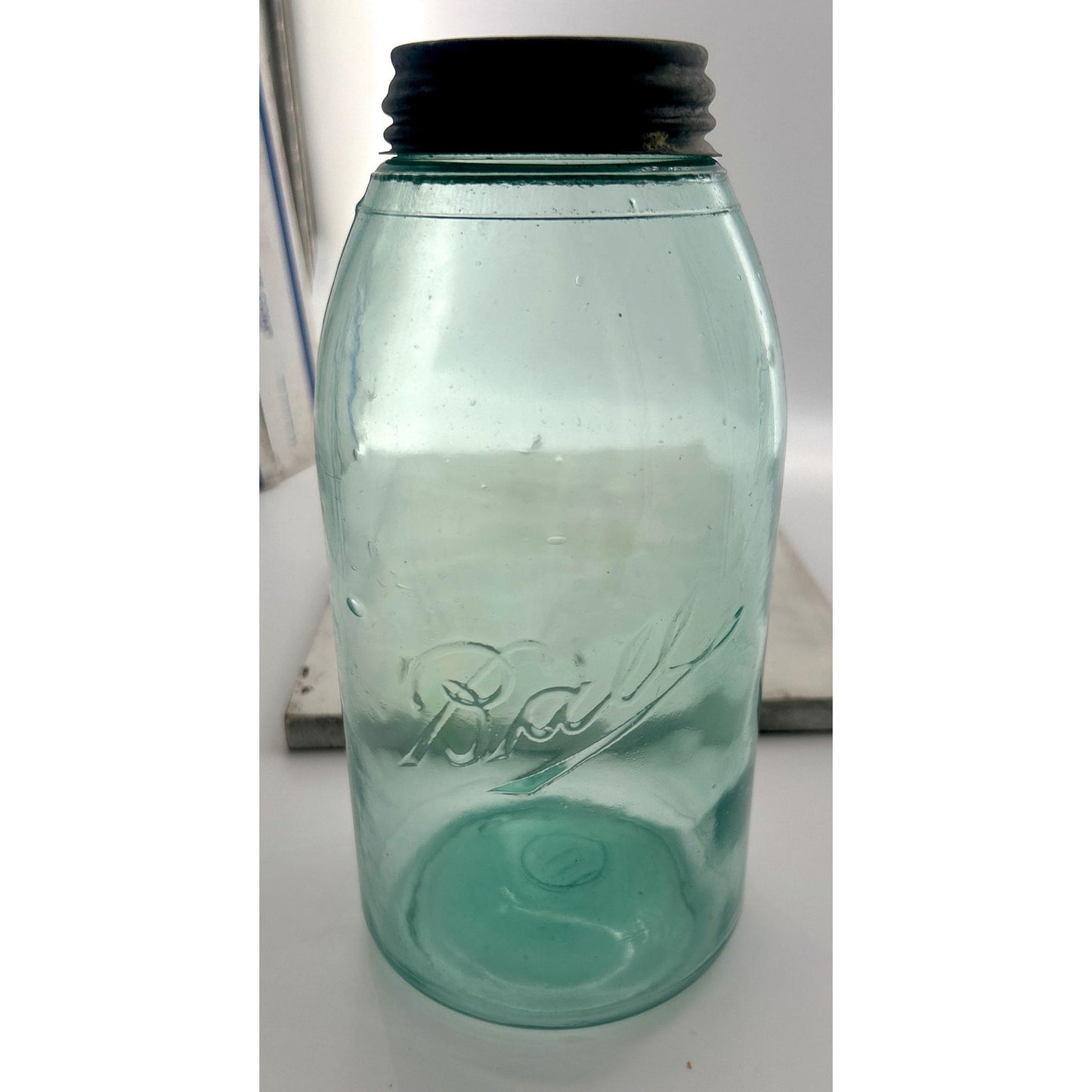 Antique Ball Triple L Half Gallon Aqua Mason Jar 1900–1910 Early Script Ball Bros Original Zinc Lid