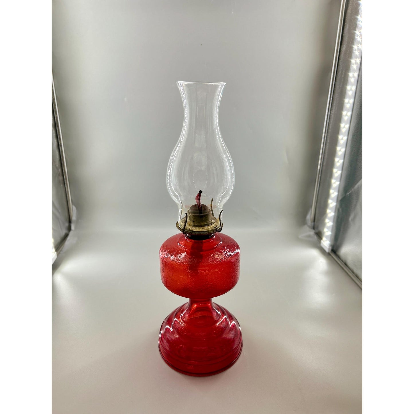 Antique Ruby Red Glass Oil Lamp 22” Tall – Figural Heron Marsh Scene Pedestal – Victorian Kerosene Parlor Lamp – Cranberry Pressed Glass