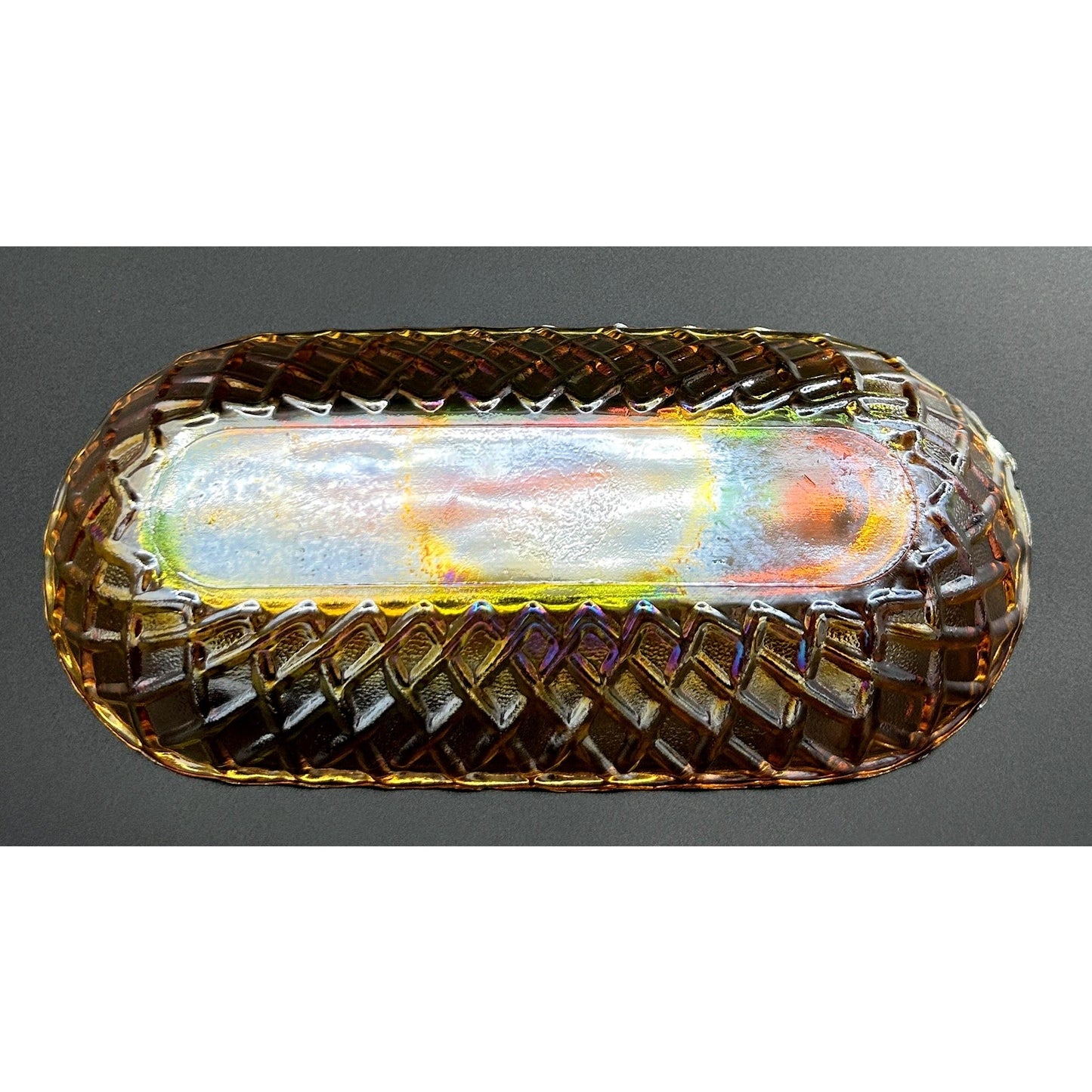 Vintage Indiana Carnival Glass Relish Tray – Marigold Iridescent Diamond Pattern