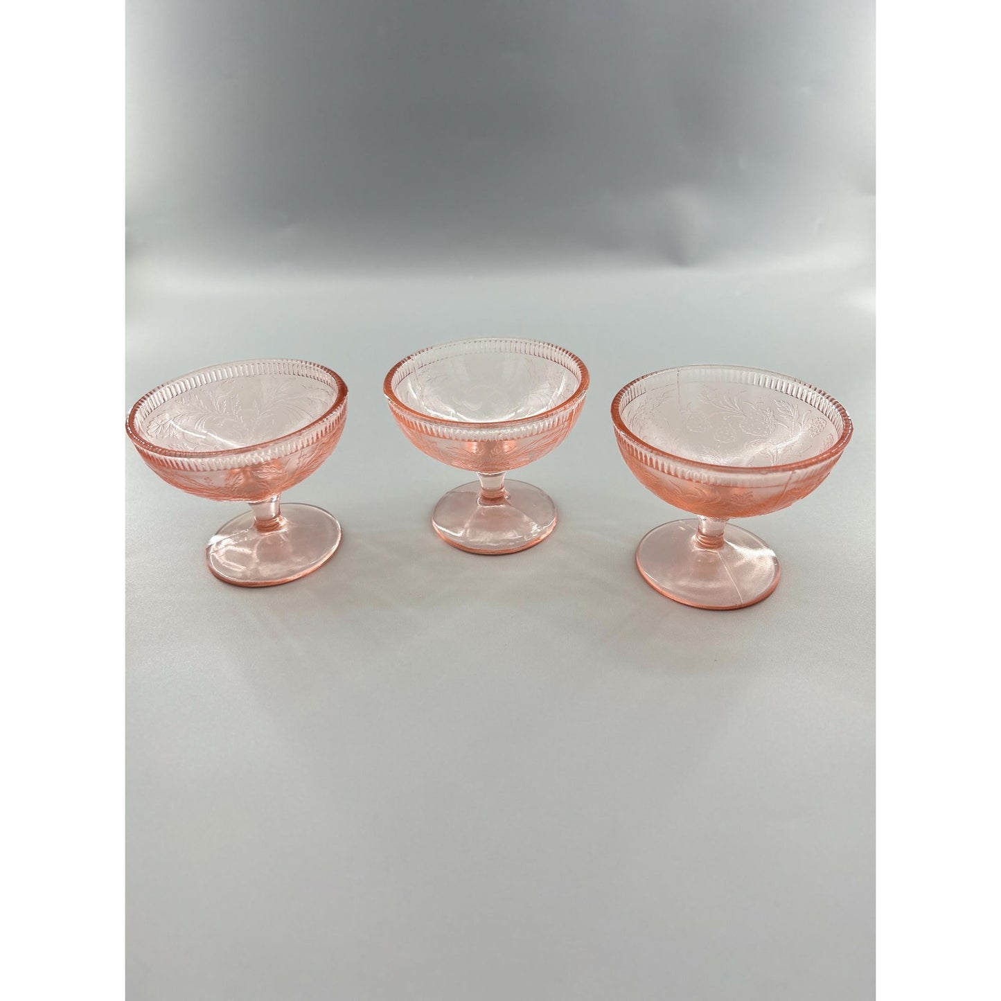 Pink Depression Glass Sherbet Dessert Cups • Vintage 1930s Footed Bowls • Set of 3 • Etched Floral Stemware • Cottage Farmhouse Tableware
