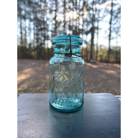 Vintage Ball Ideal quart jar aqua blue glass 1908 patent wire bail lid early Ball mason jar front