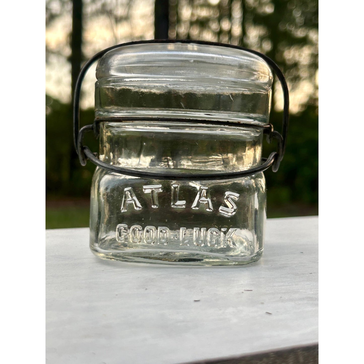 Atlas Good Luck Clover Half Pint Mason Jar Original Wire Bail Glass Lid Antique Hazel Atlas 1920s