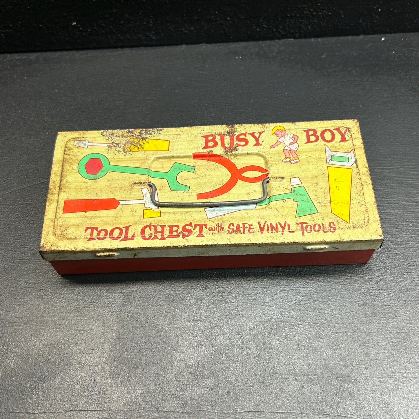 Vintage 1950s Busy Boy Tool Chest by Ohio Art • Tin Toy Tool Box with Retro Graphics • Safe Vinyl Tools • Mid Century Collectible tool toy