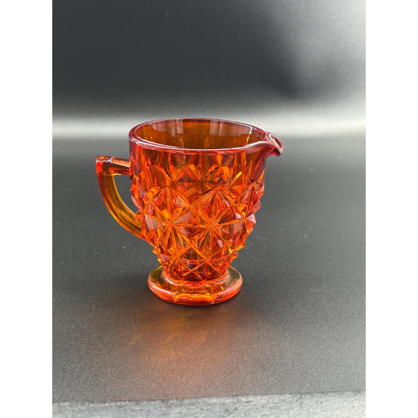 Vintage Amberina Glass Creamer | UV Reactive | Diamond Cut Pressed Glass | Footed Cream Pitcher