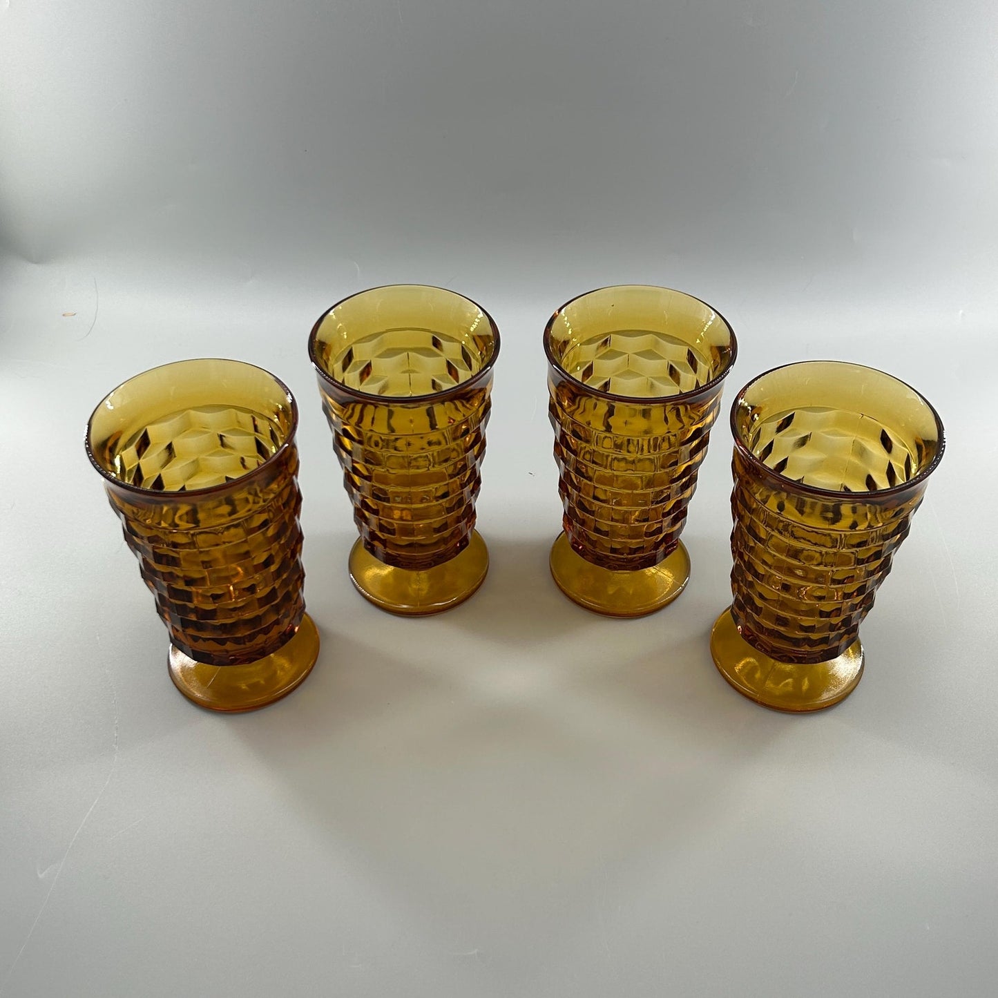 Vintage Indiana Glass Whitehall Cube Tumblers Set of 4 Amber Footed Glasses Mid Century Barware Retro Drinkware. Honey Brown Root Beer MCM