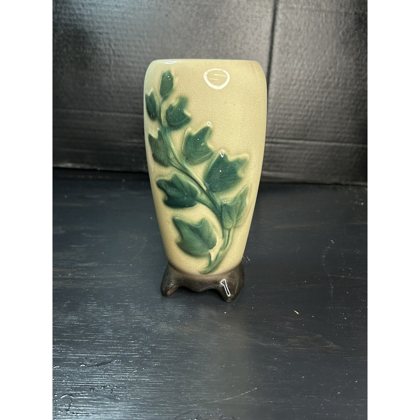 Vintage porcelain floral vase 8 inch back view leaf vine