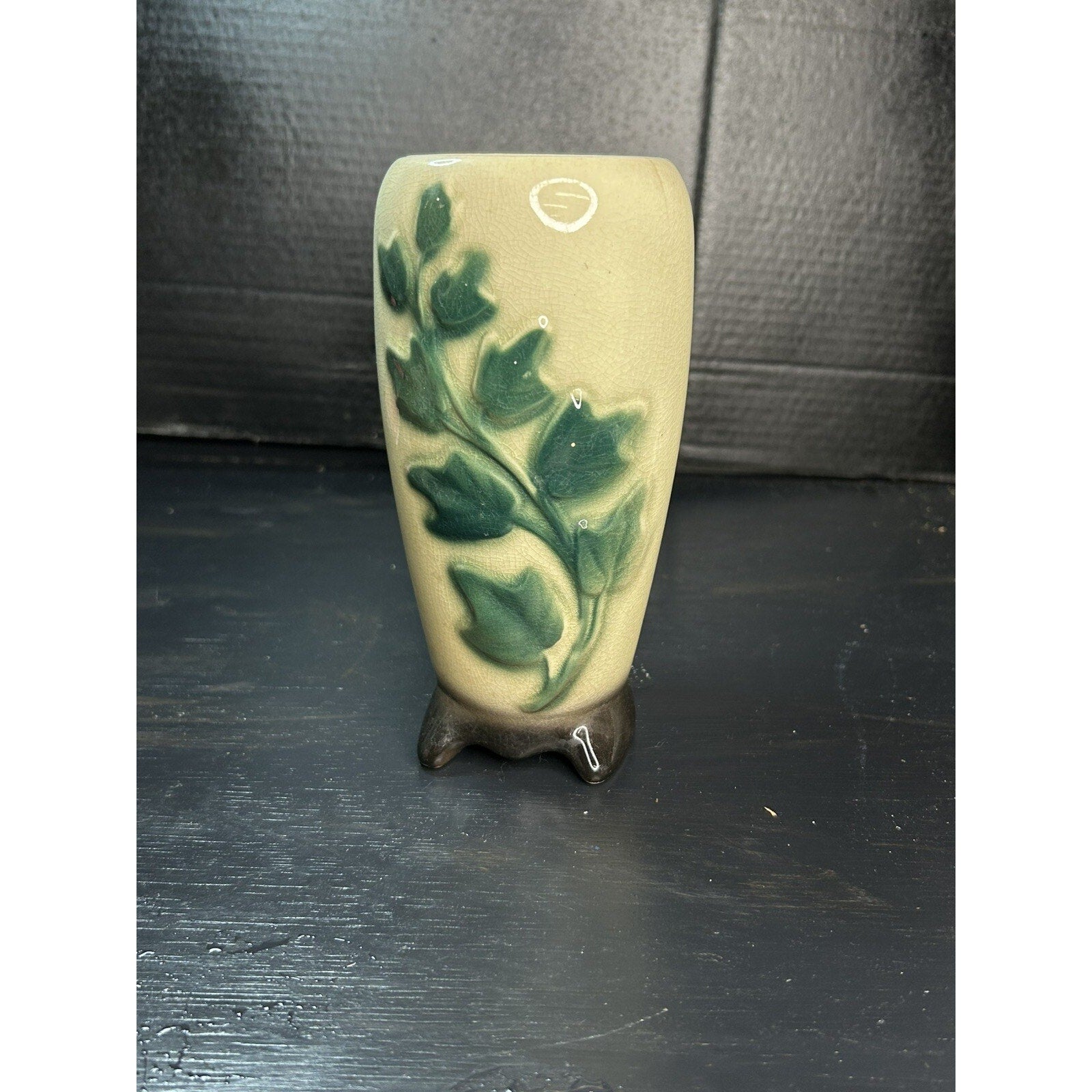 Vintage porcelain floral vase 8 inch back view leaf vine