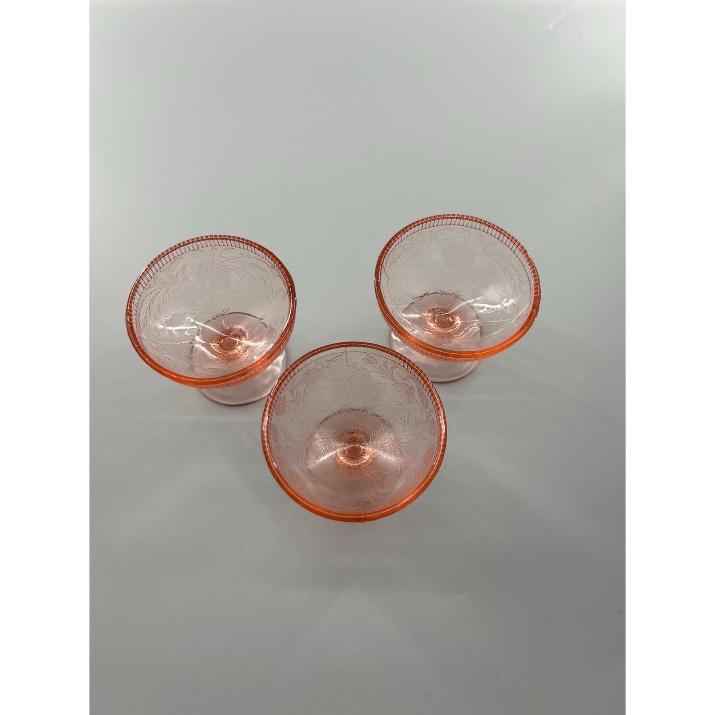 Pink Depression Glass Sherbet Dessert Cups • Vintage 1930s Footed Bowls • Set of 3 • Etched Floral Stemware • Cottage Farmhouse Tableware