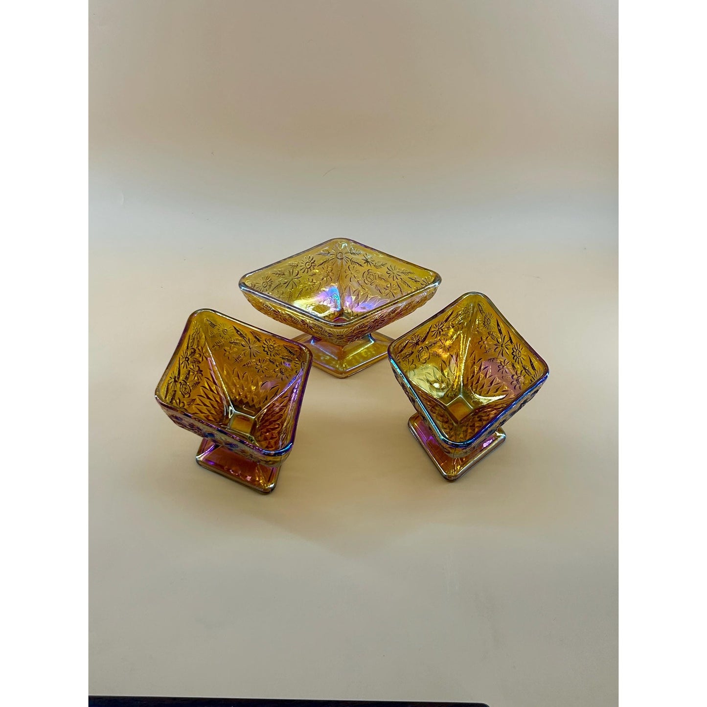 Vintage Marigold Carnival Glass Pedestal Bowls Set of 3 Iridescent Amber Pressed Glass Dessert Bowls Footed Carnival Glass Candy Dish Set