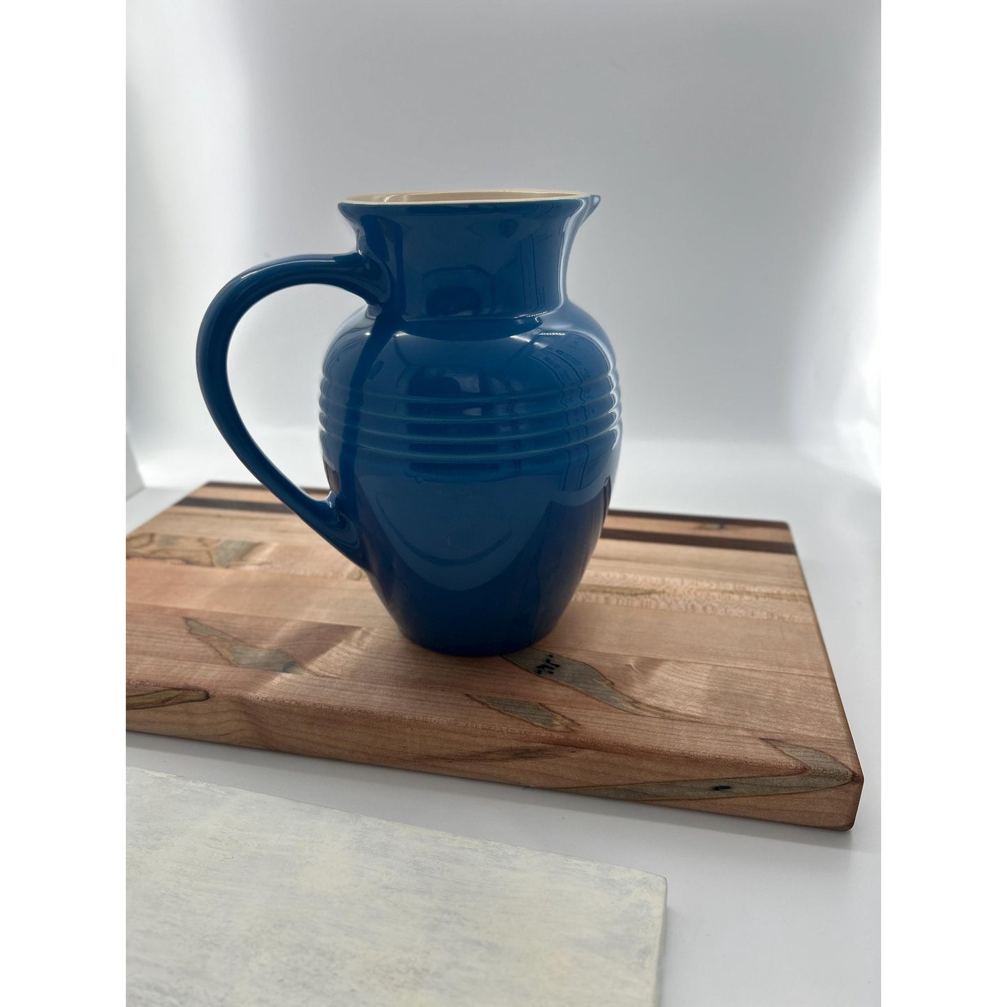 Le Creuset Marseille Blue Stoneware Pitcher Cream Interior Water Jug Farmhouse Kitchen Decor Pouring Jug French Country Decor Large Ceramic